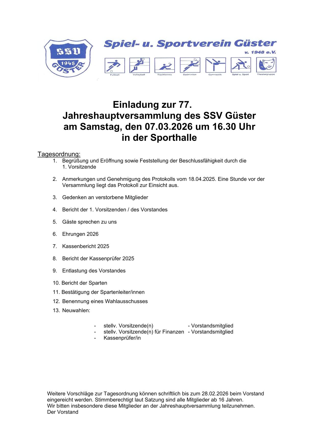 Einladung 77. Jahreshauptversammlung